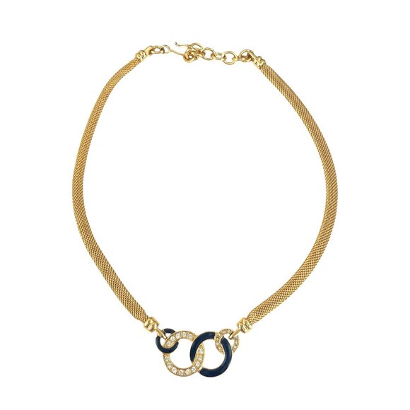 Vintage Monet Gold Tone Choker Mesh Necklace Interlocking Ring Pendant Black - Picture 1 of 7